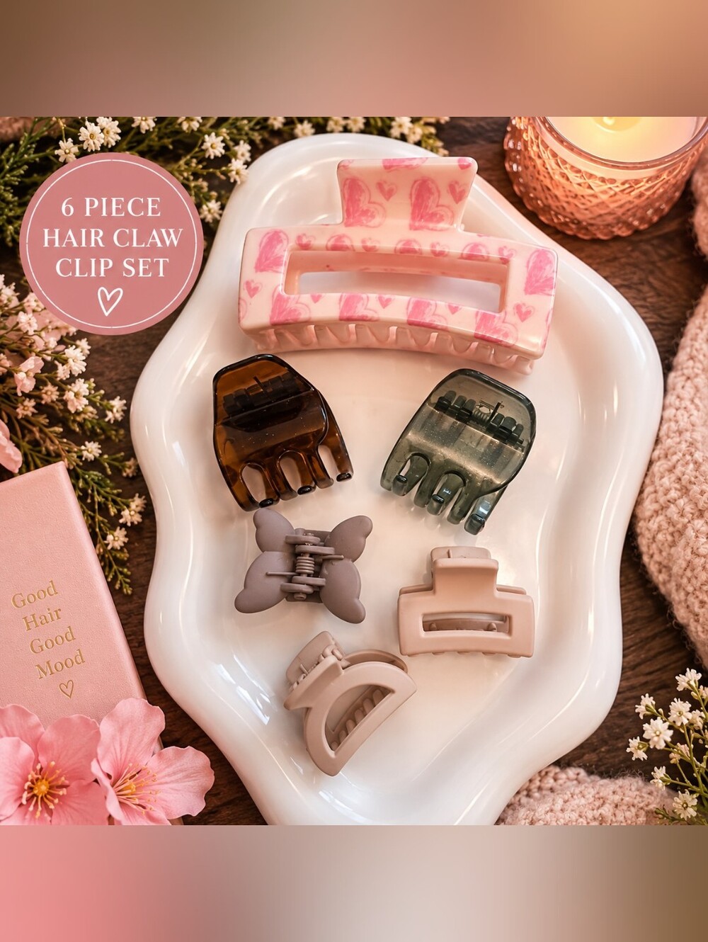 6-Piece Hair Claw Clip Set – Pink Hearts & Neutral Tones New